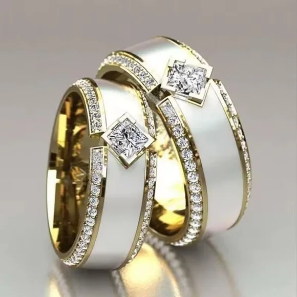 White and Gold Pavé Diamond Inset Bands - Picture 1 of 3